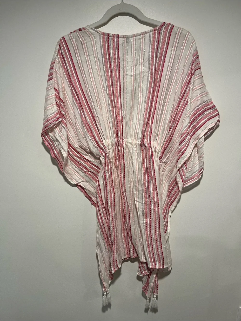Raviya Pink and White Striped Sheer Swim Cover-Up with Tassels